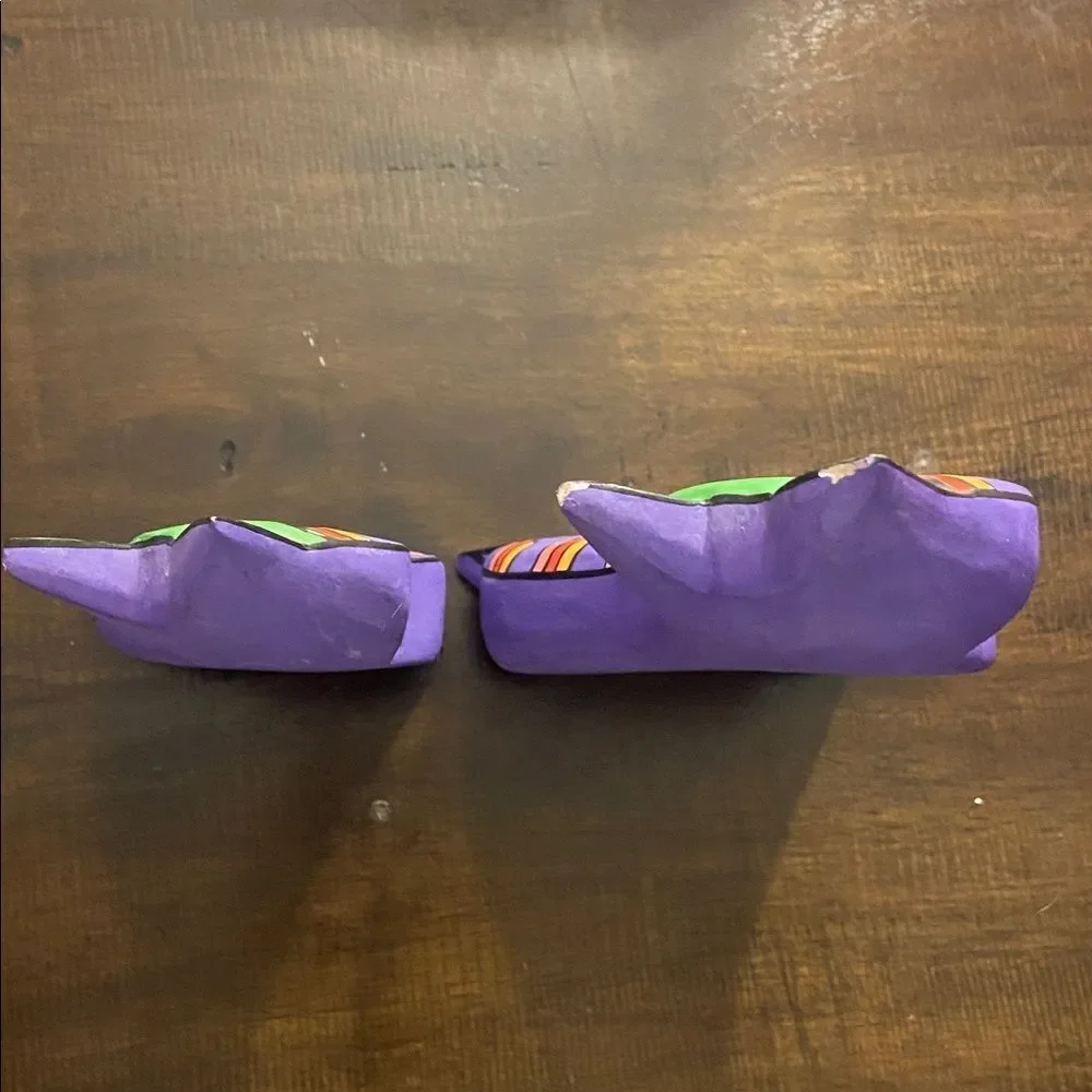 Vintage Laurel Burch Style Cat Statue Wood Carved Bright Purple set of 2